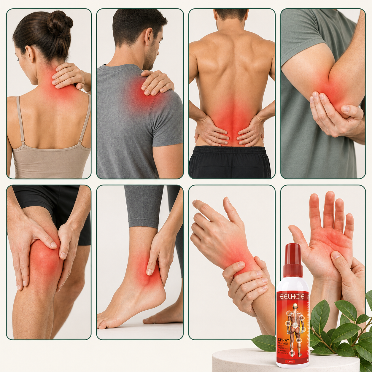 Neck, shoulders, lower back, elbow, knee, ankle, wrist and hand application areas