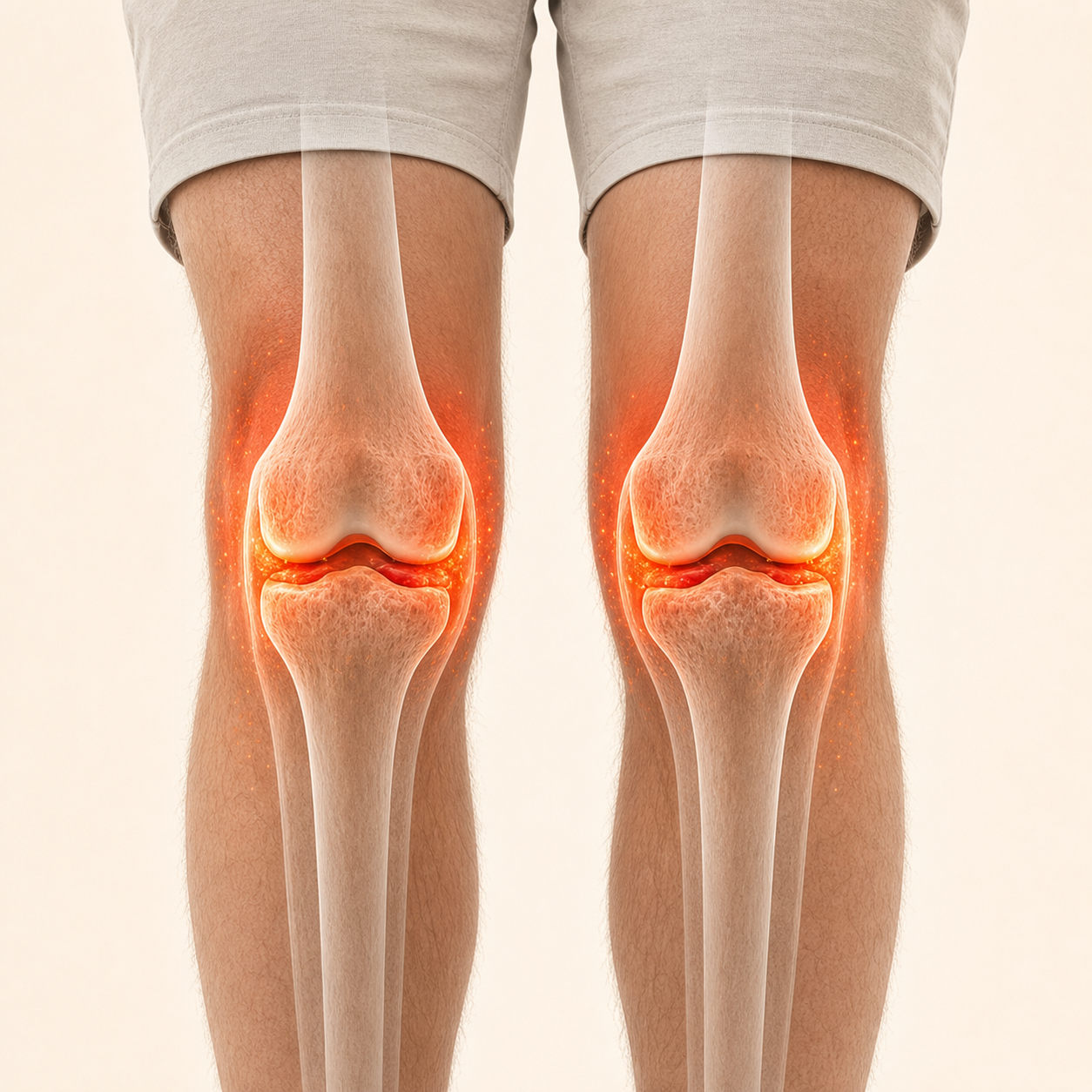 Before: both knees with a red stressed-joint effect