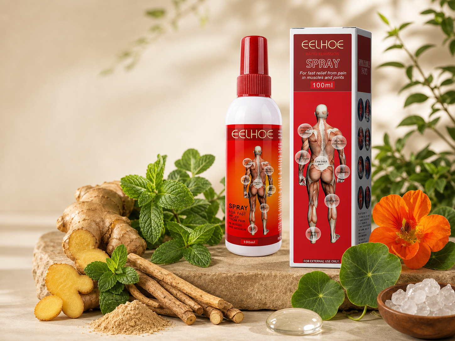 Joint spray displayed with ginger, mint and botanical ingredients
