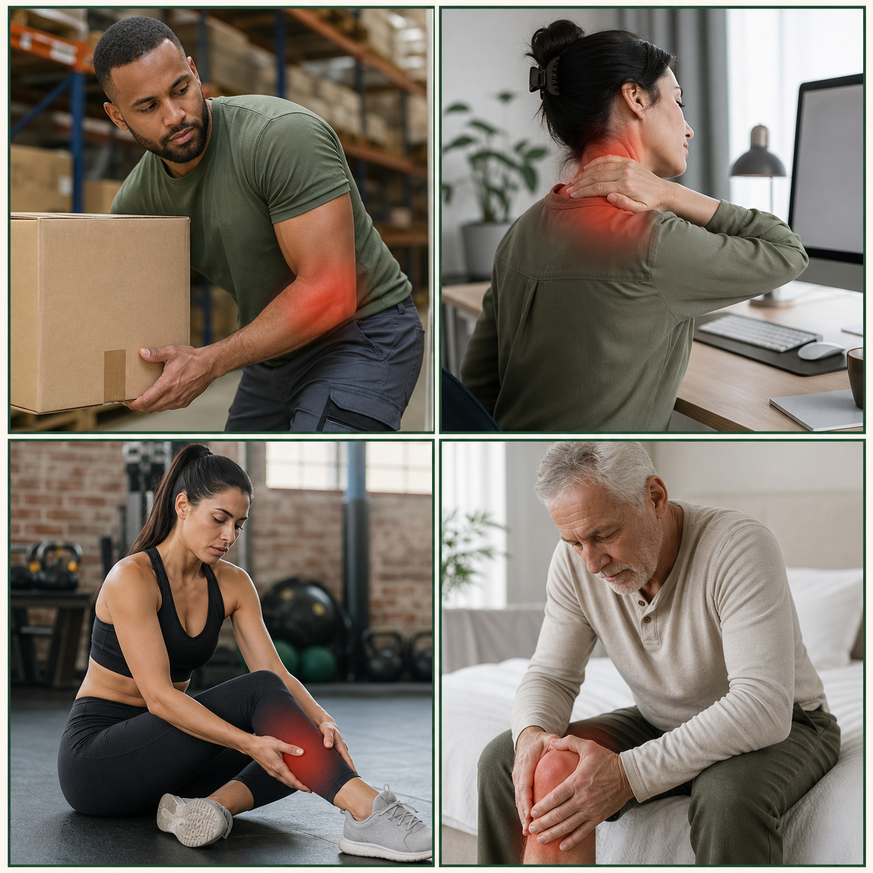 Lifting, desk work, exercise and aging-related joint discomfort scenarios