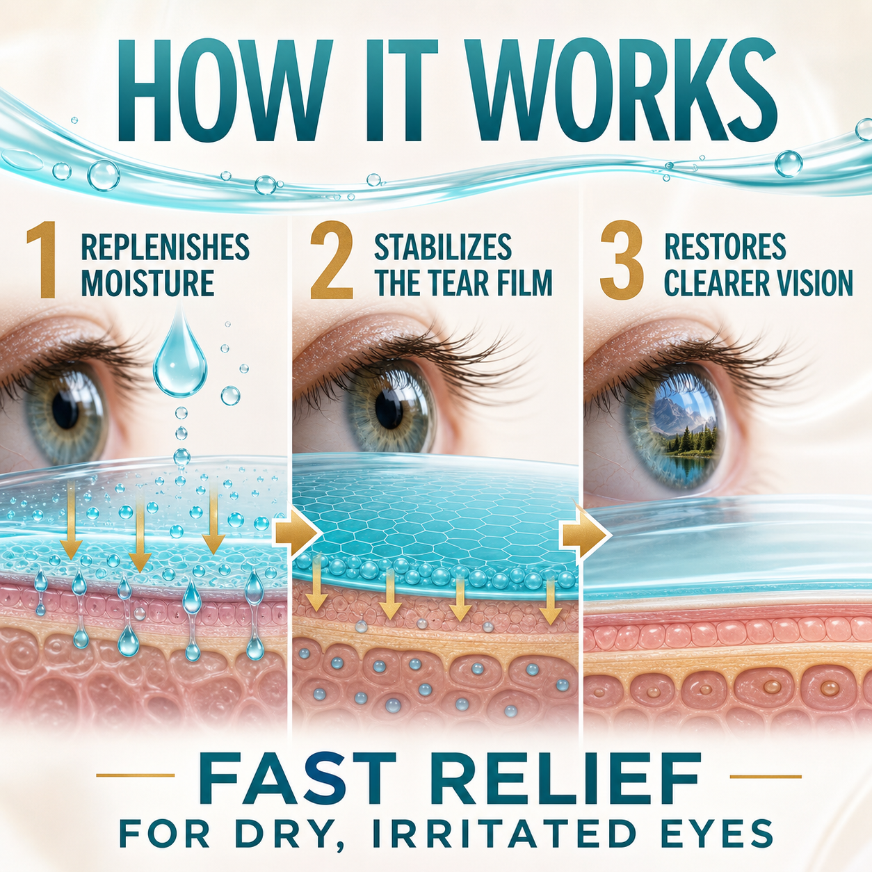 Three-stage eye hydration mechanism illustration