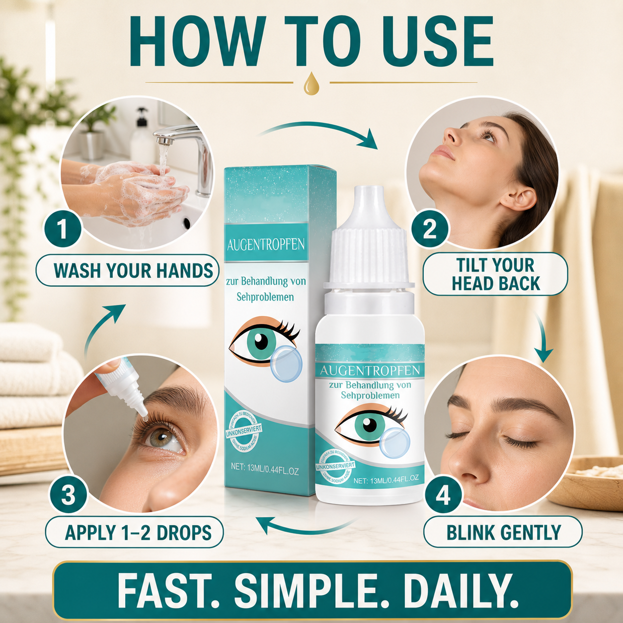 Four steps for applying AUGENTROPFEN eye drops